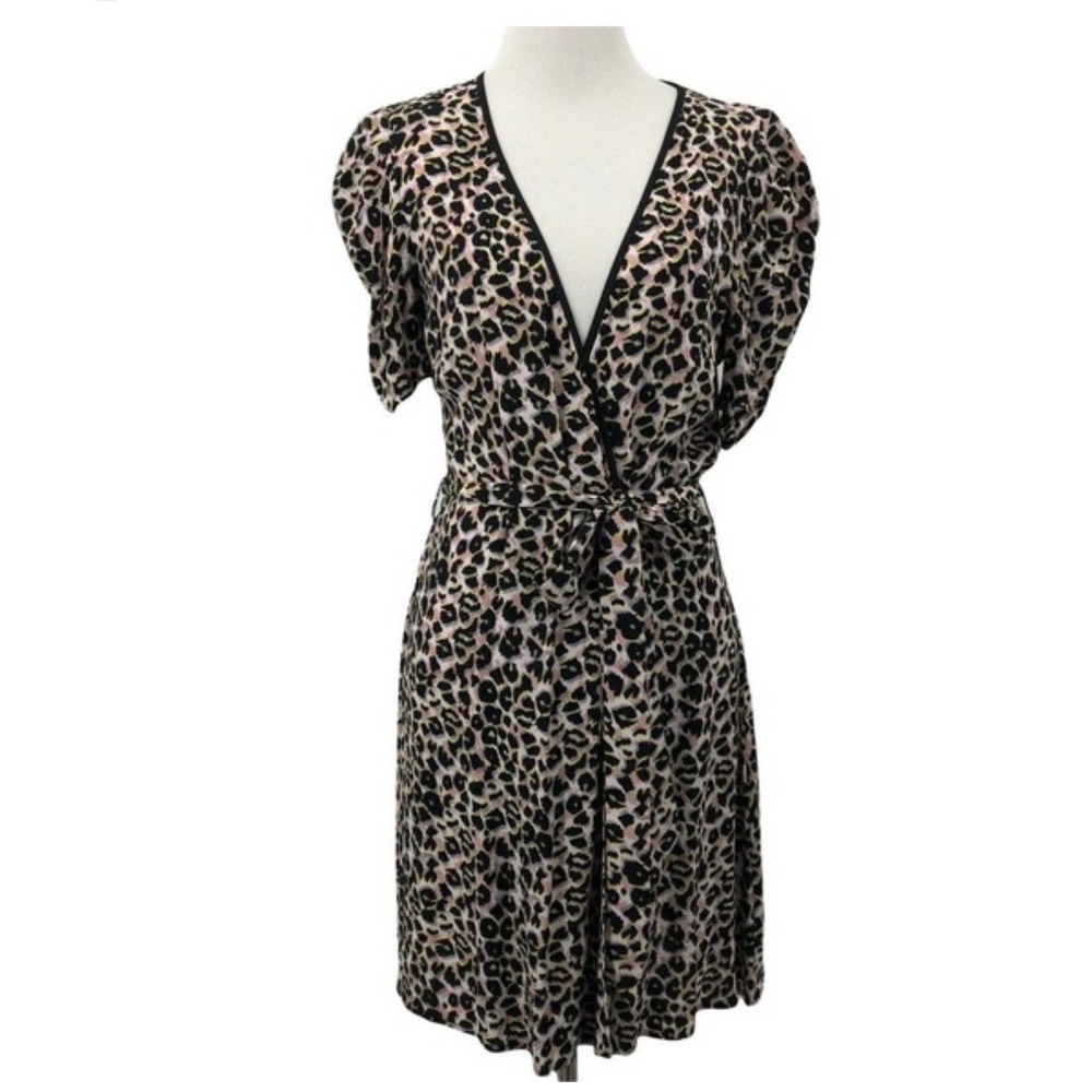 Topshop Wrap Dress Womens 4 Multicolor Leopard Animal Print Puff‎ Sleeve Casual
